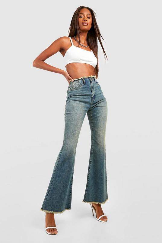 Fray Waistband Vintage Tint Flares | boohoo USA Fray Waistband Vintage Tint Flares | boohoo USA